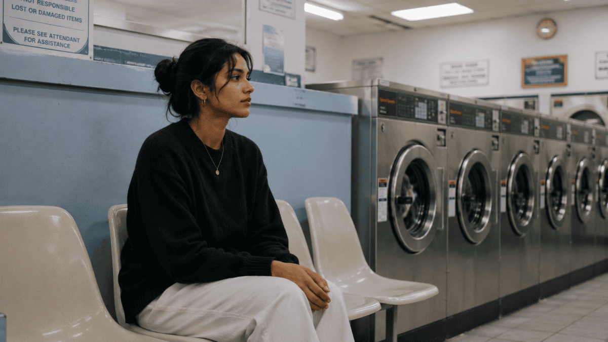 Woman sits in a laundromat, machines running beside her, the same action landing differently in a different phase.