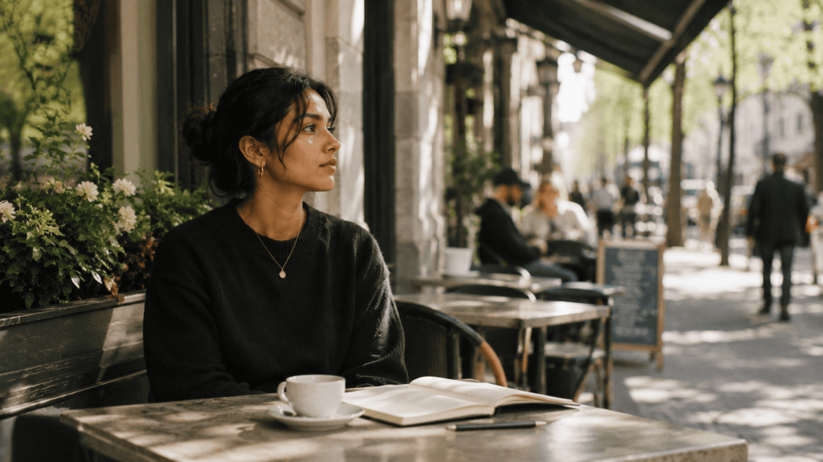 Woman sits at an outdoor café, notebook open but pen down, weighing when to build rather than what.