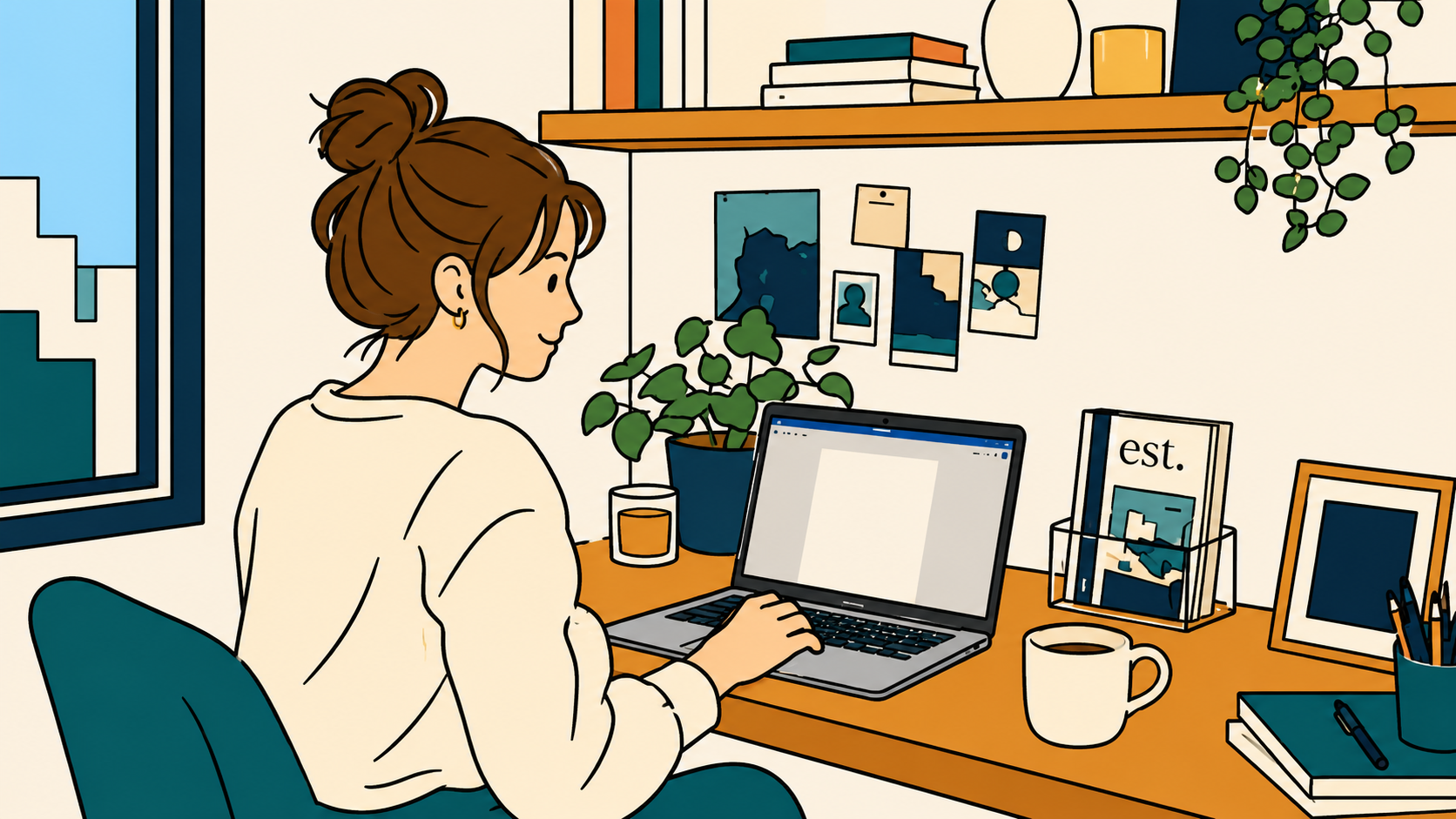 Illustration of a woman at a desk facing a blank document — how to stop procrastinating when waiting to feel ready.