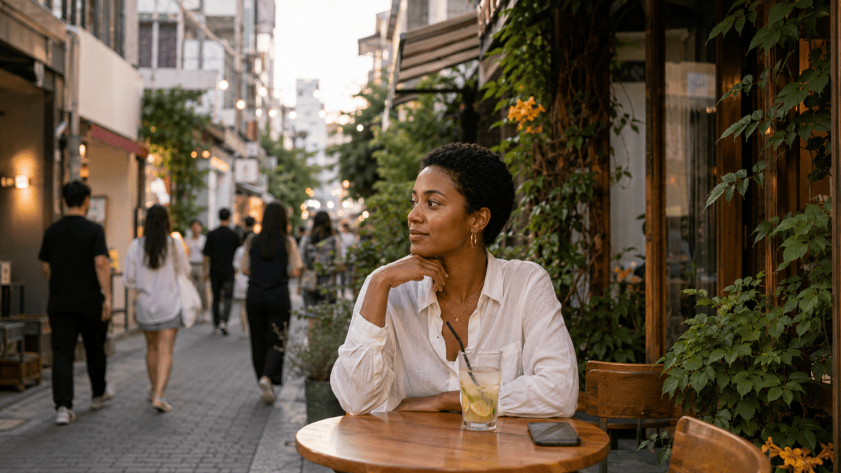 Woman alone at an outdoor Yeonnam-dong table, drink untouched — is a situationship bad, she wonders.
