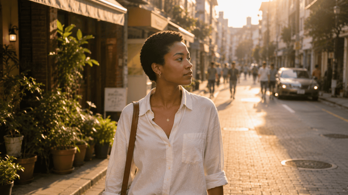 Woman walks alone through Hapjeong streets at golden hour, calm and reflective — seeing clearly whether a situationship is bad.