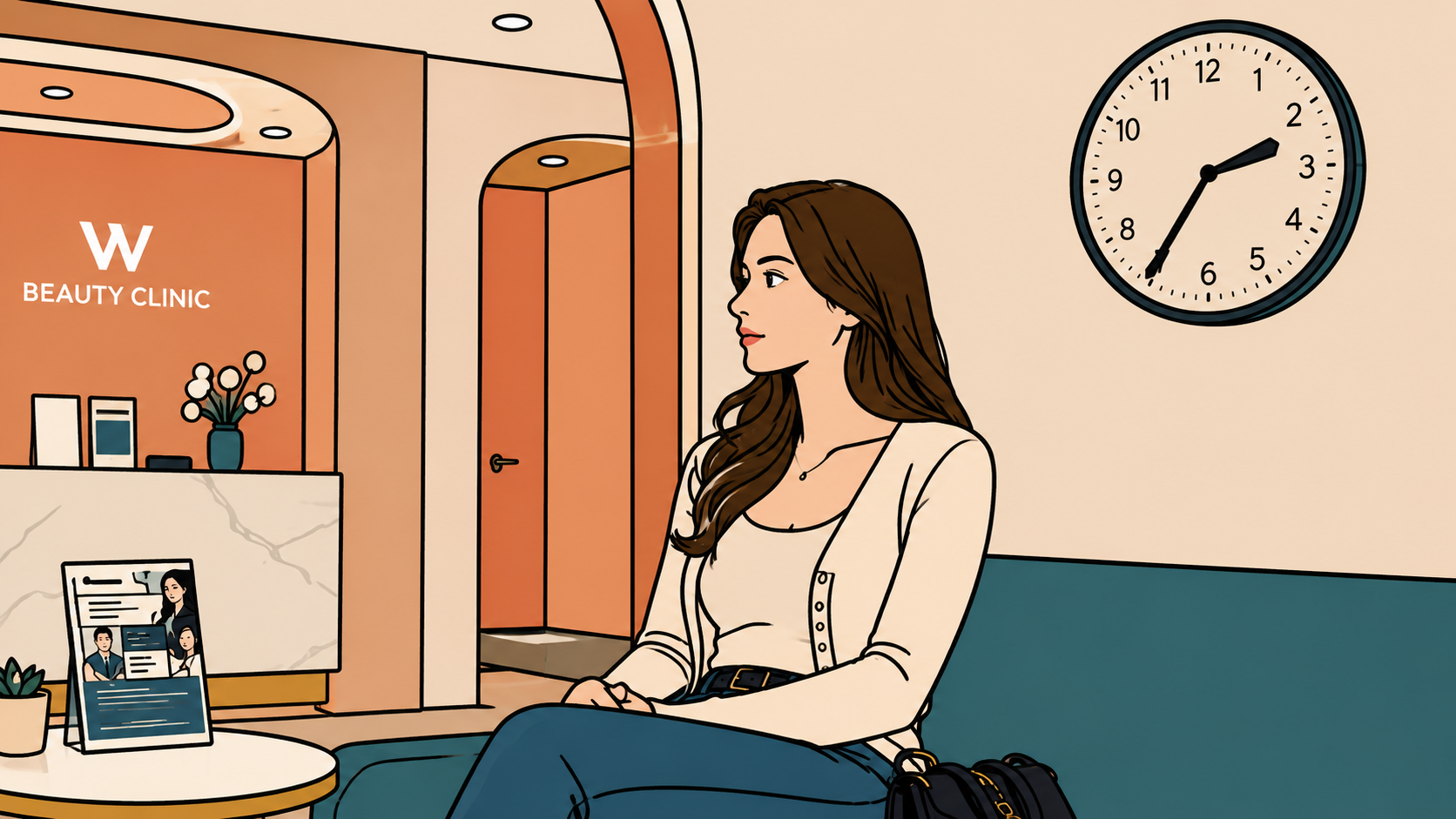 Illustration of a woman waiting in a warm Gangnam clinic lobby, before korean dermatology treatment.