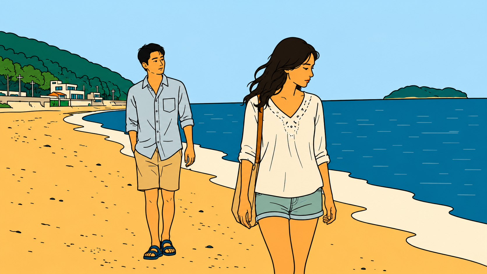 A woman walks ahead on Eurwangni Beach, an Asian man following behind, both silent — leaving a situationship