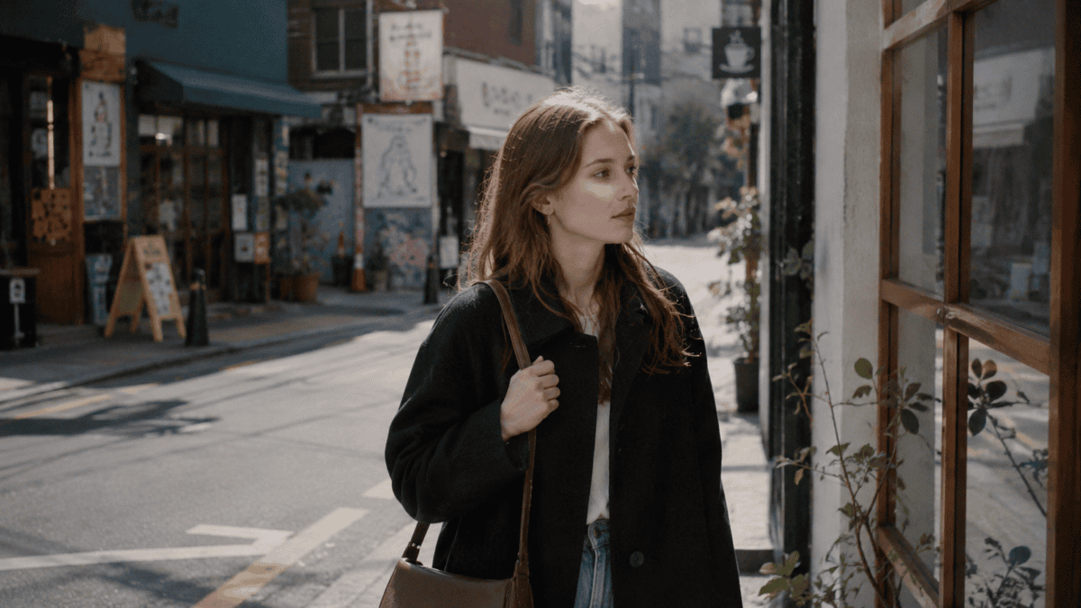 Woman pauses on a Hongdae street, bag in hand — lying awake at night leaves just the want, with nothing wrapped around it.
