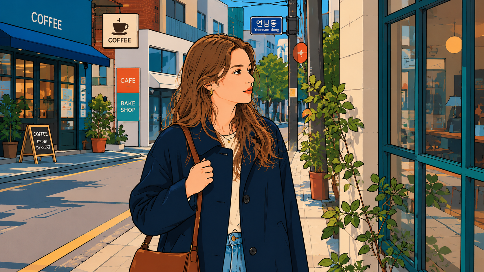Illustration of a woman pausing on a Hongdae street, bag in hand — the quiet weight of lying awake at night.