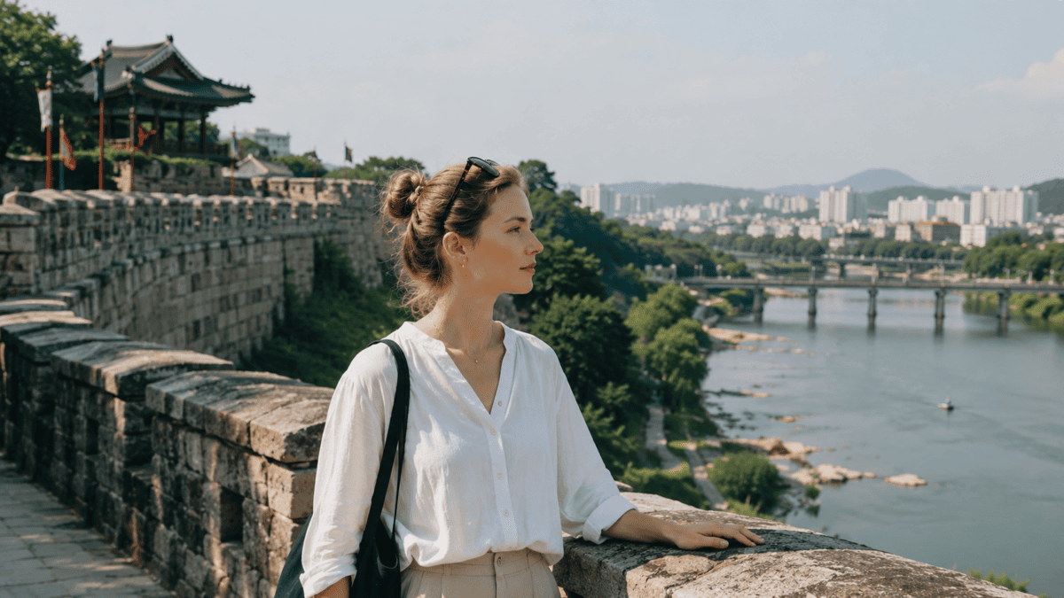 Woman leans on an old fortress wall, river below — lying awake at night, the want sits at its actual size.