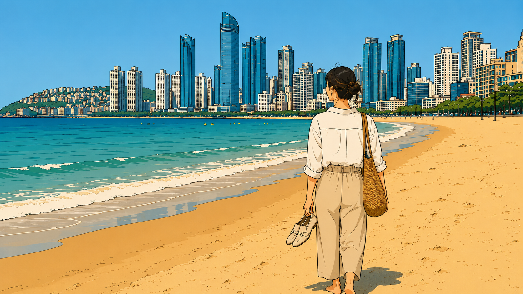 Illustration of a woman walking barefoot on Haeundae Beach, shoes in hand, waking up anxious and going anyway.