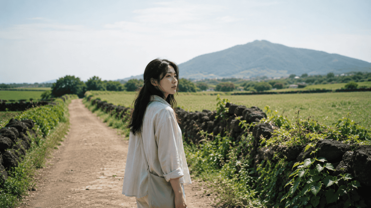 Woman pauses on a Jeju path, looking back, the night behind her now the price of admission, already paid.