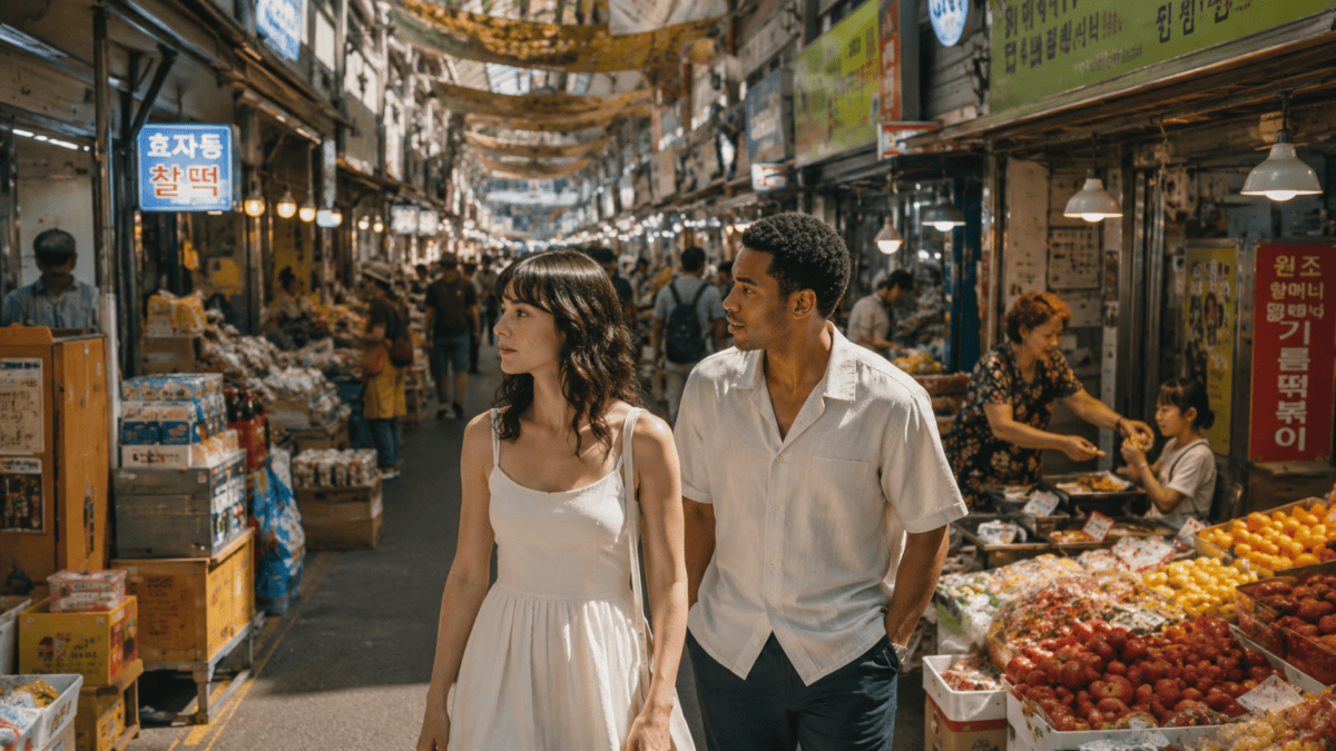 Couple walks through a Seoul market, side by side but looking different ways — the quiet start of a one sided situationship.