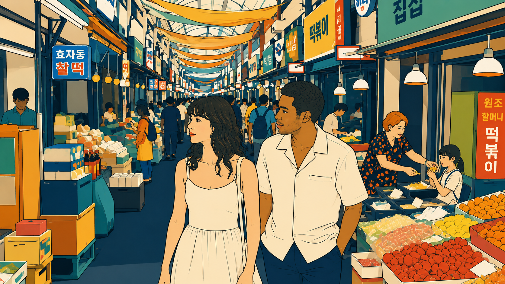 Illustration of a couple walking through a Seoul market, side by side but looking different ways — a one sided situationship.