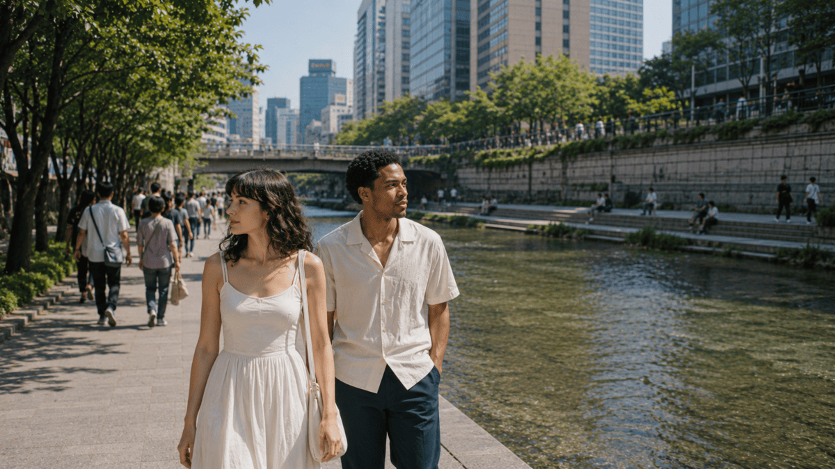 Couple walks along Cheonggyecheon, each looking elsewhere — the widening gap of a one sided situationship.