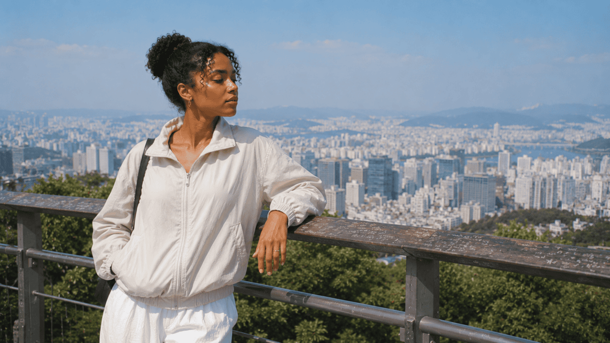 Woman leans on the railing at Namsan with Seoul below, the verdict from the night before rarely surviving morning.