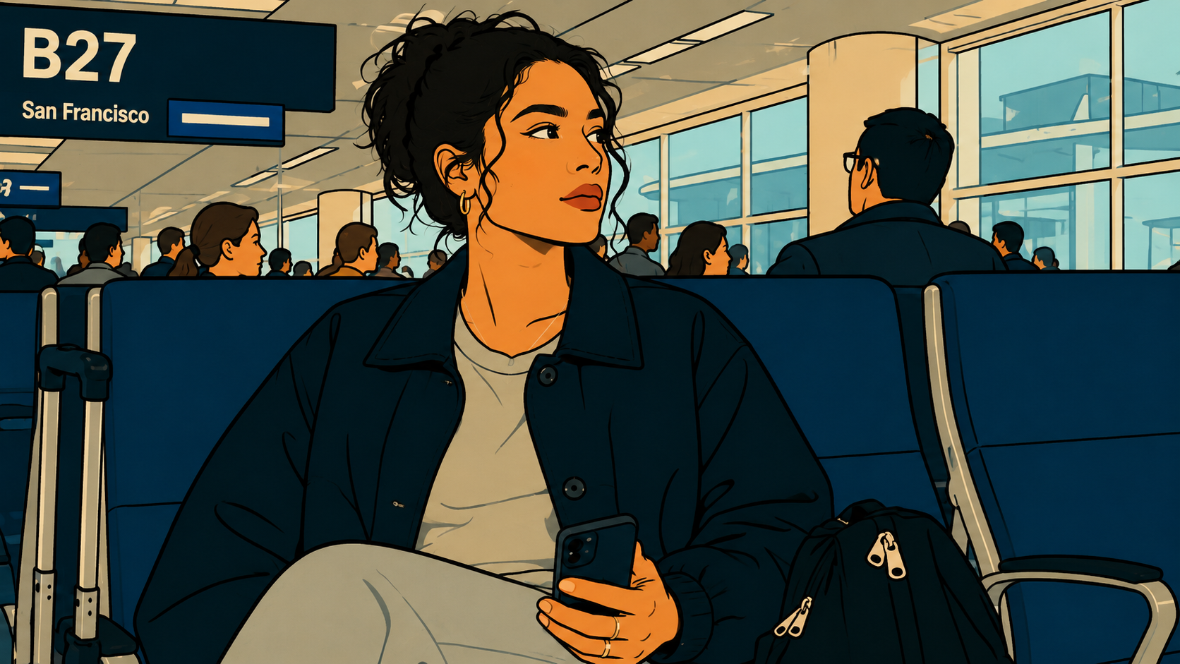 Illustration of woman sitting in an airport terminal, people pleasing recovery looking like this.