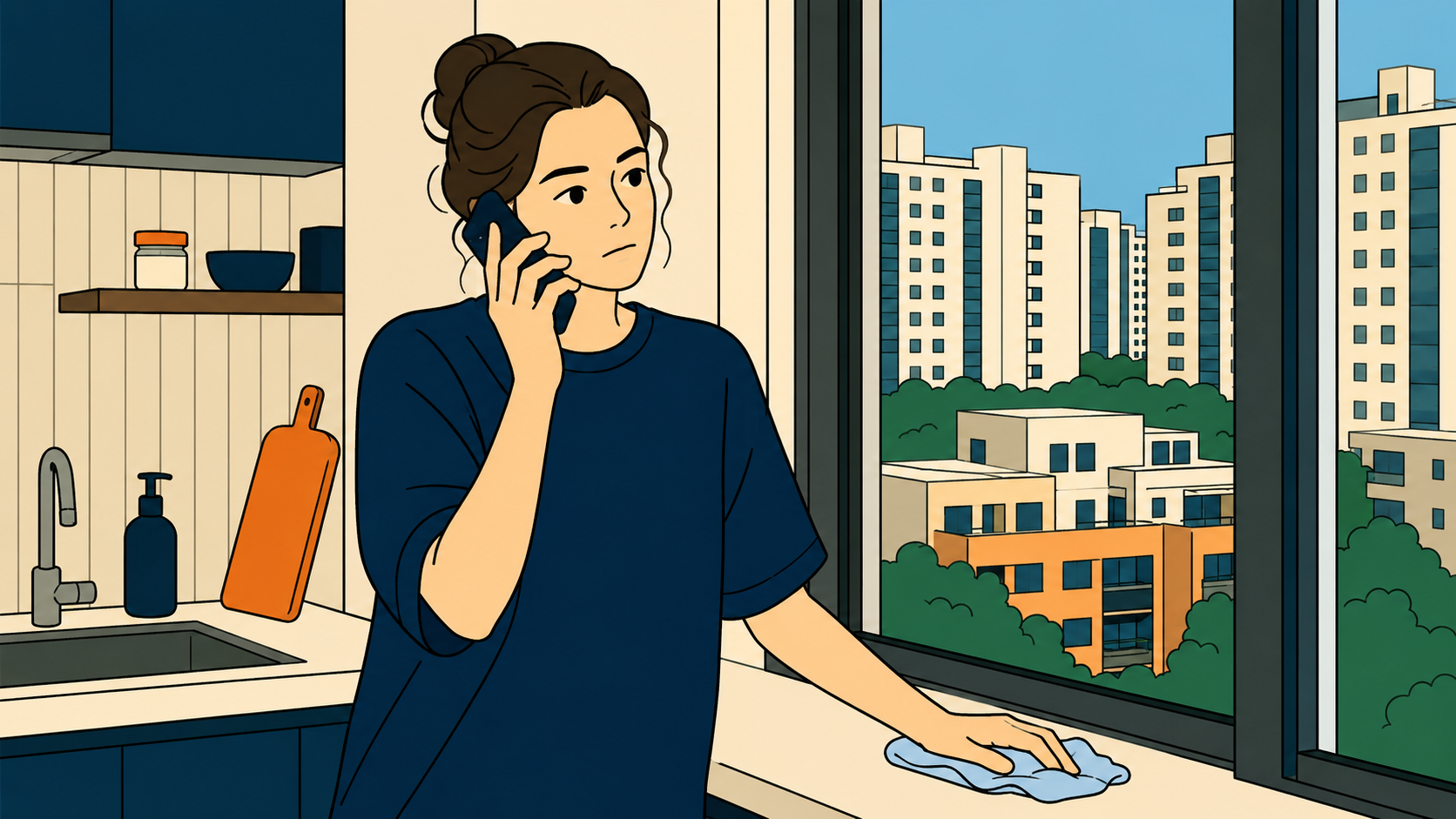 Illustration of a woman on the phone in her kitchen, wiping a clean counter — pretending to be fine.