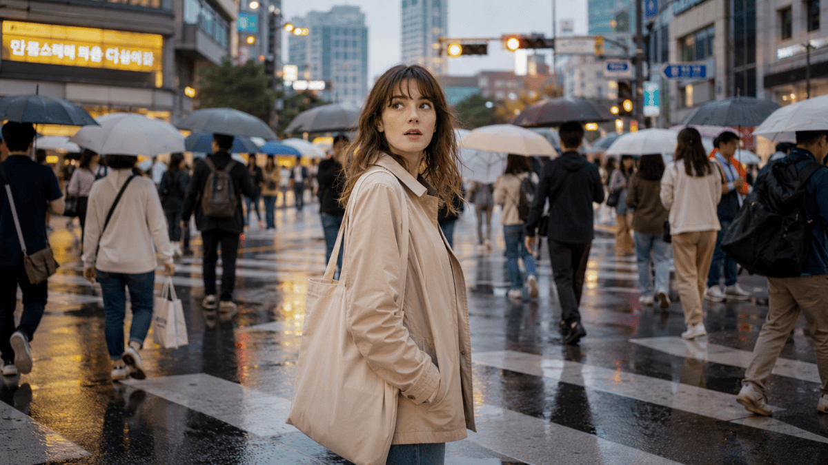 Woman pauses on a wet crosswalk among umbrellas at dusk — the rain season in Korea changes how the city moves.