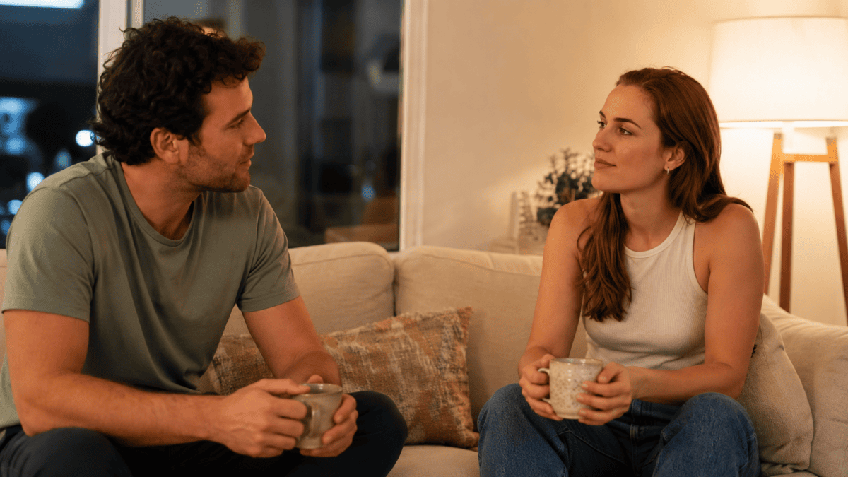 Couple sitting quietly with tea—recognizing your argument pattern broke the fight that didn't happen