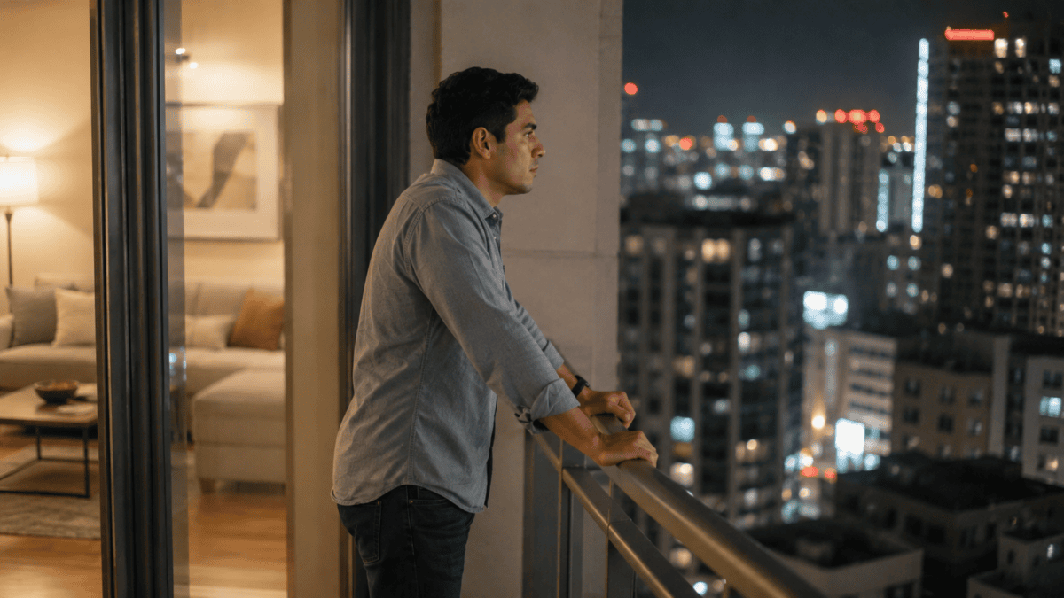 Man at a balcony railing at evening, catching his breath, lit room behind glass — the retreat in relationship arguments.