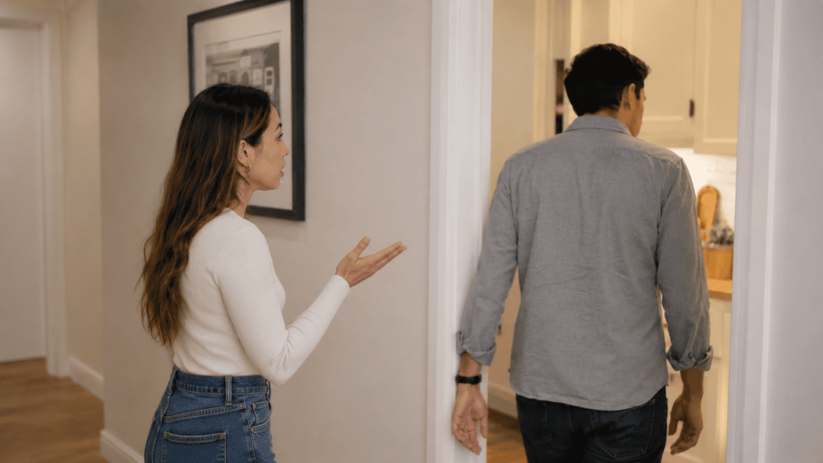 Woman follows a man toward the kitchen doorway mid-argument, one step behind — the two roles in relationship arguments.