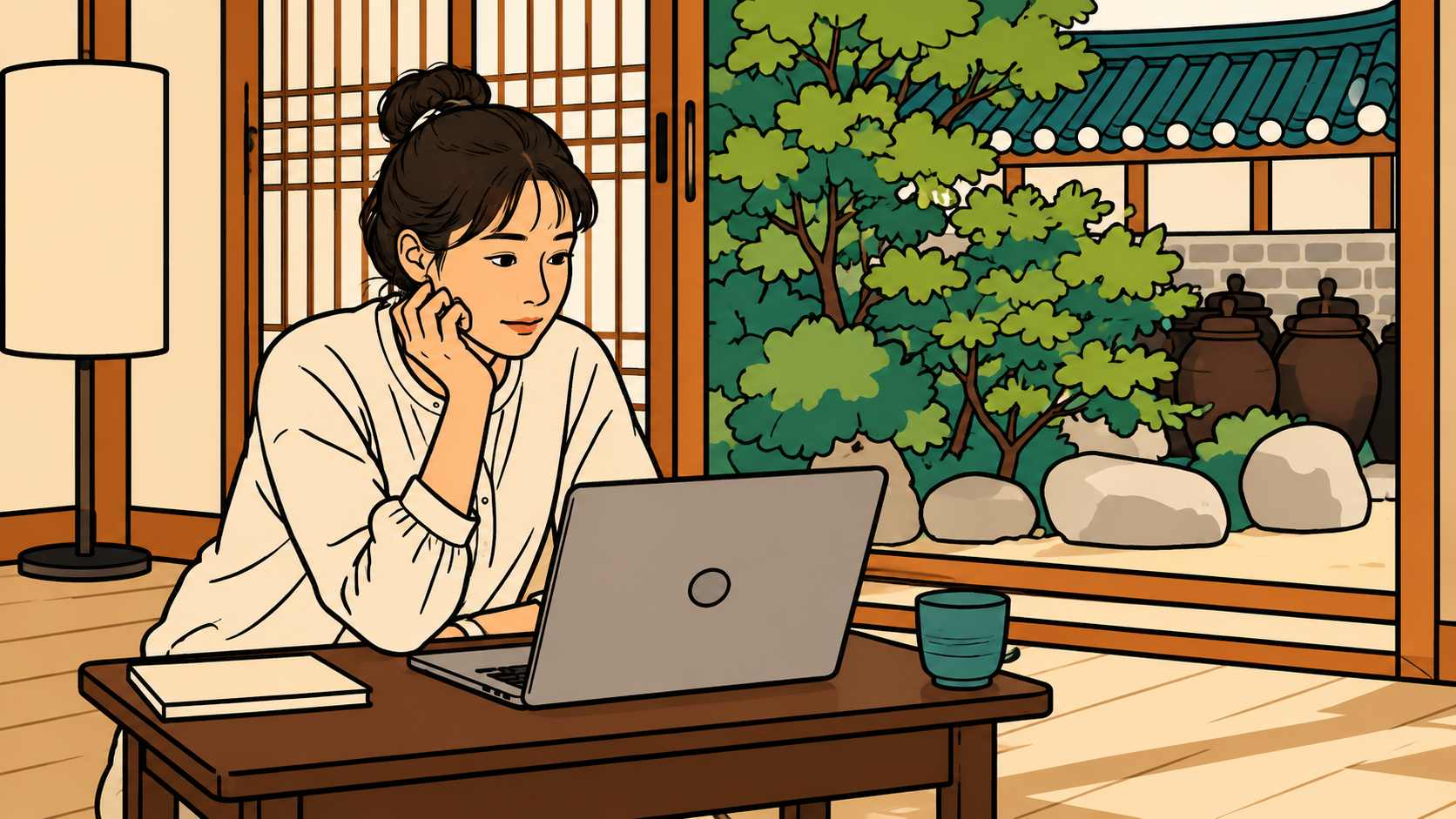 Illustration of a woman on a hanok maru rereading an email, hand off the mouse — self limiting beliefs measure the offer.