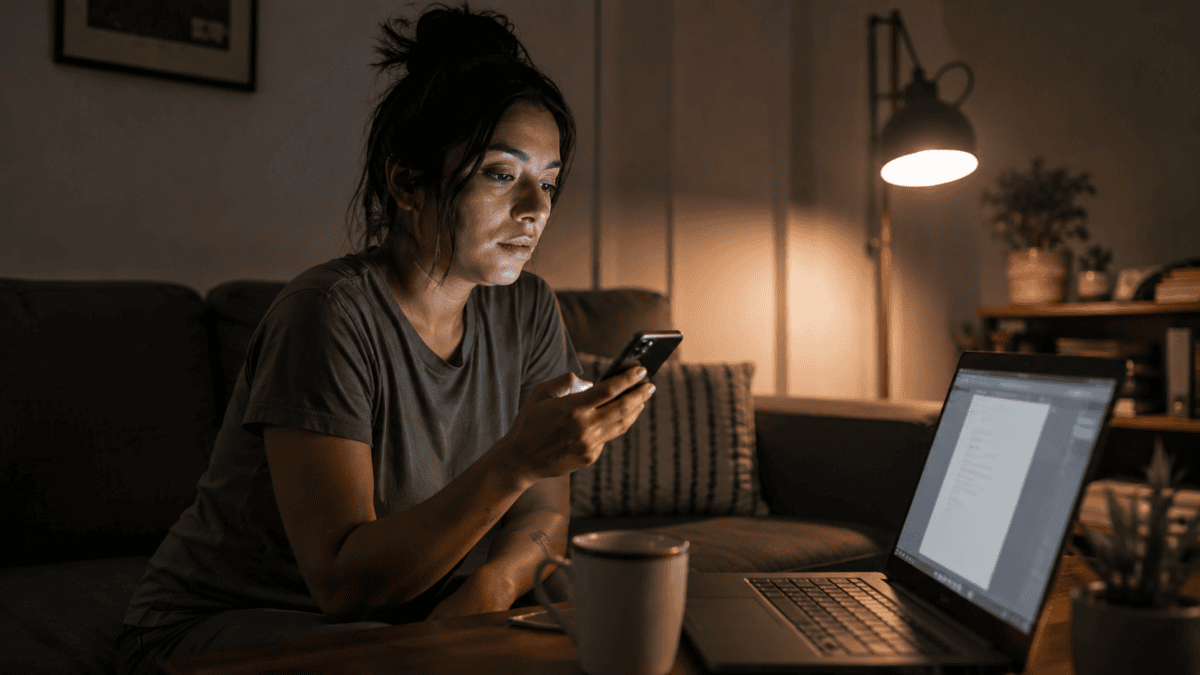 Woman on the couch at night, thumb hovering over her phone, laptop open — self sabotage dressed as one more check.