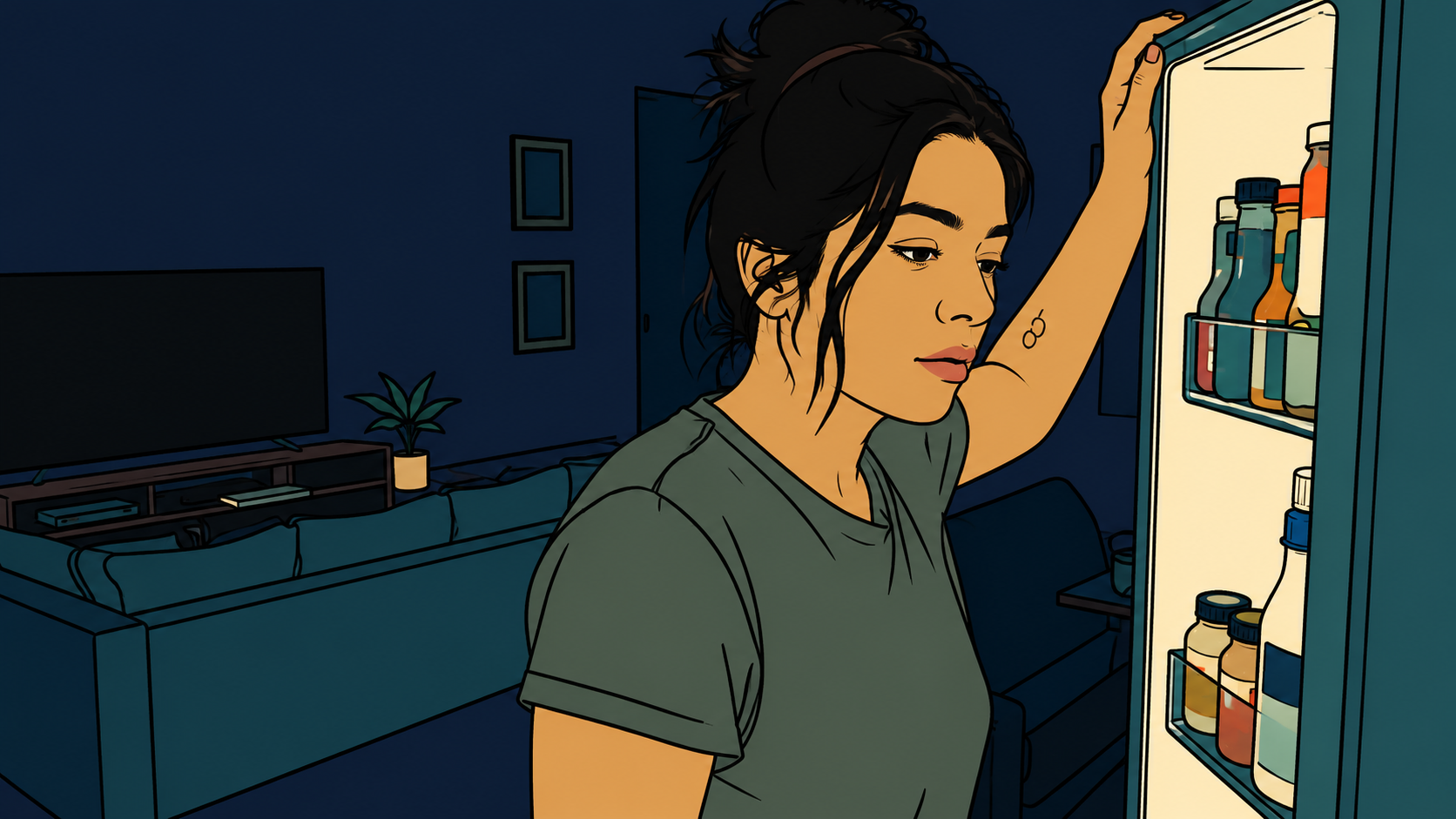 Illustration of a woman at the open refrigerator at night, lit by its glow — self sabotage before you notice deciding.