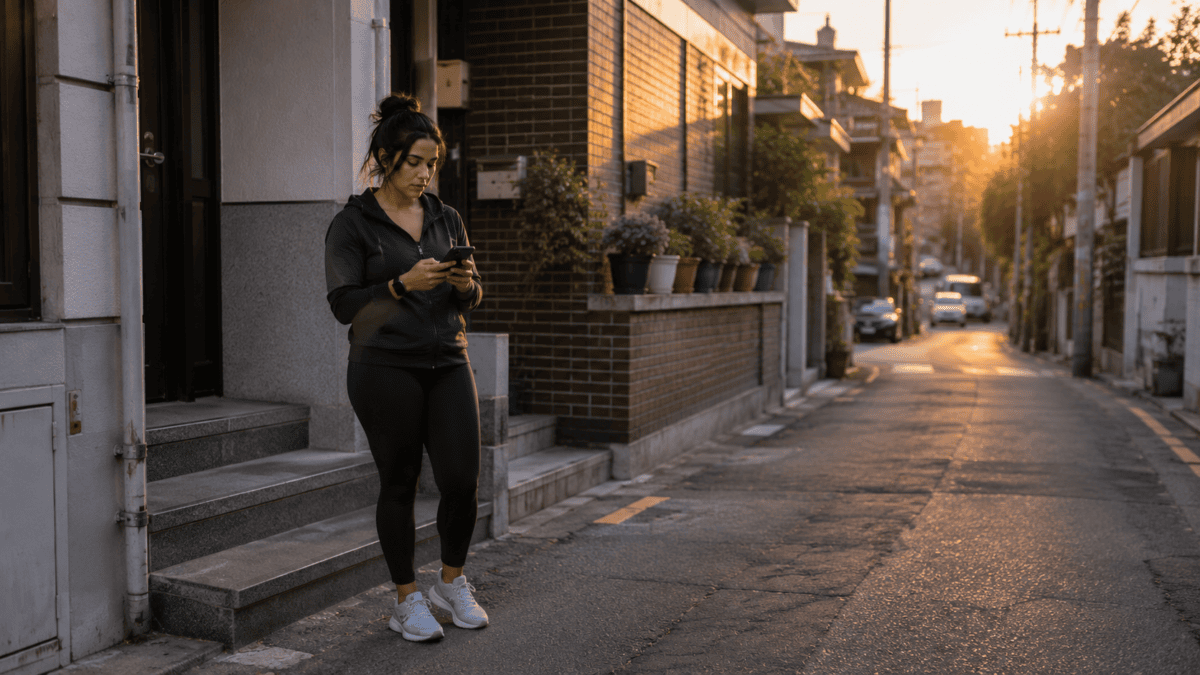 Woman in workout clothes pauses on the steps at sunrise, checking her phone — self sabotage decides the morning early.