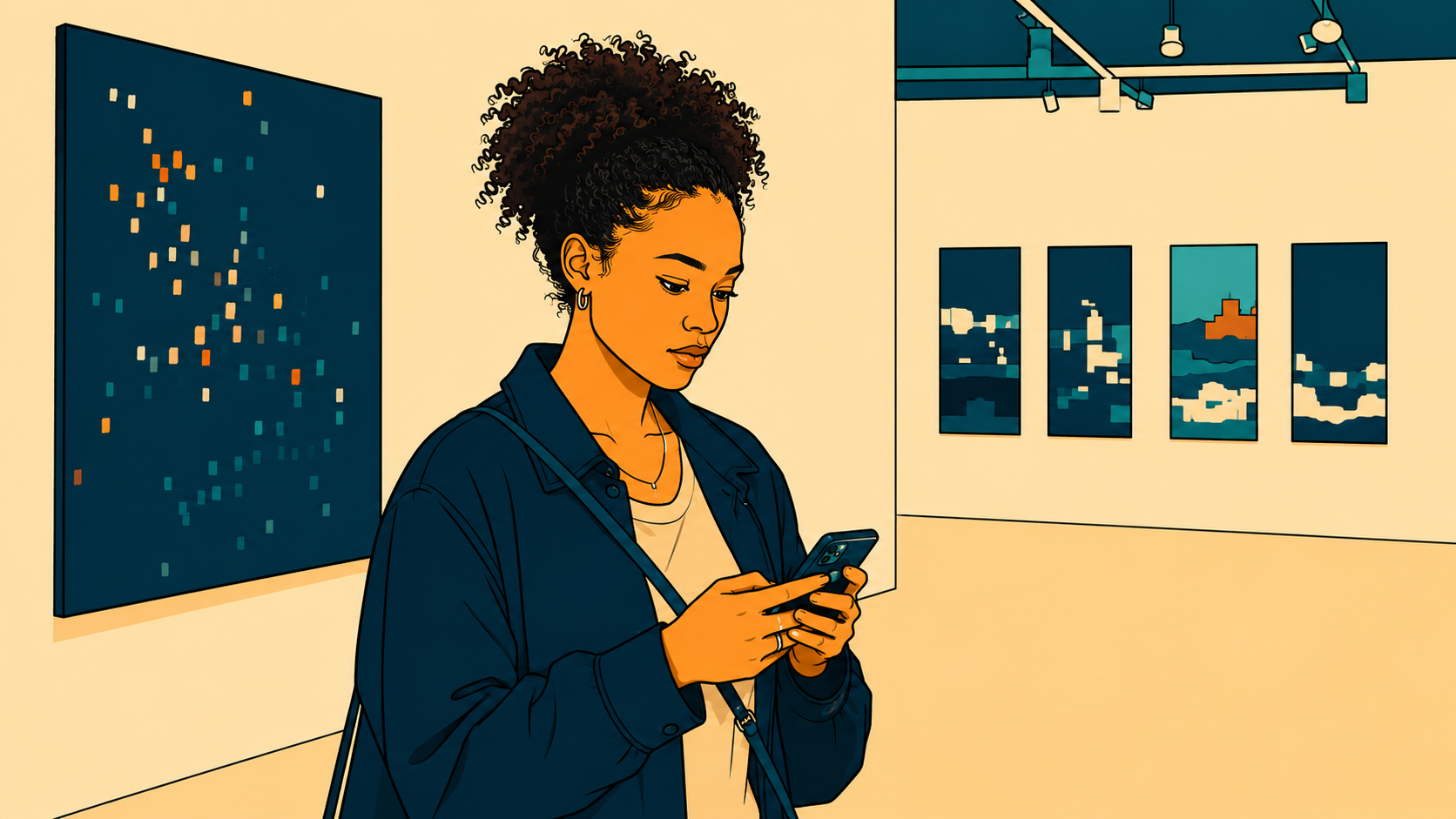 Illustration of a woman alone in a gallery, phone in hand — the quiet strain of setting boundaries in a relationship.
