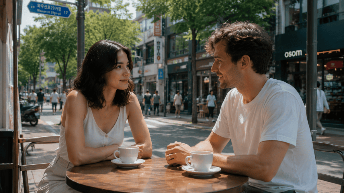 Couple at an outdoor Hongdae café, mid-conversation, deciding nothing — the signs of a situationship settling in.