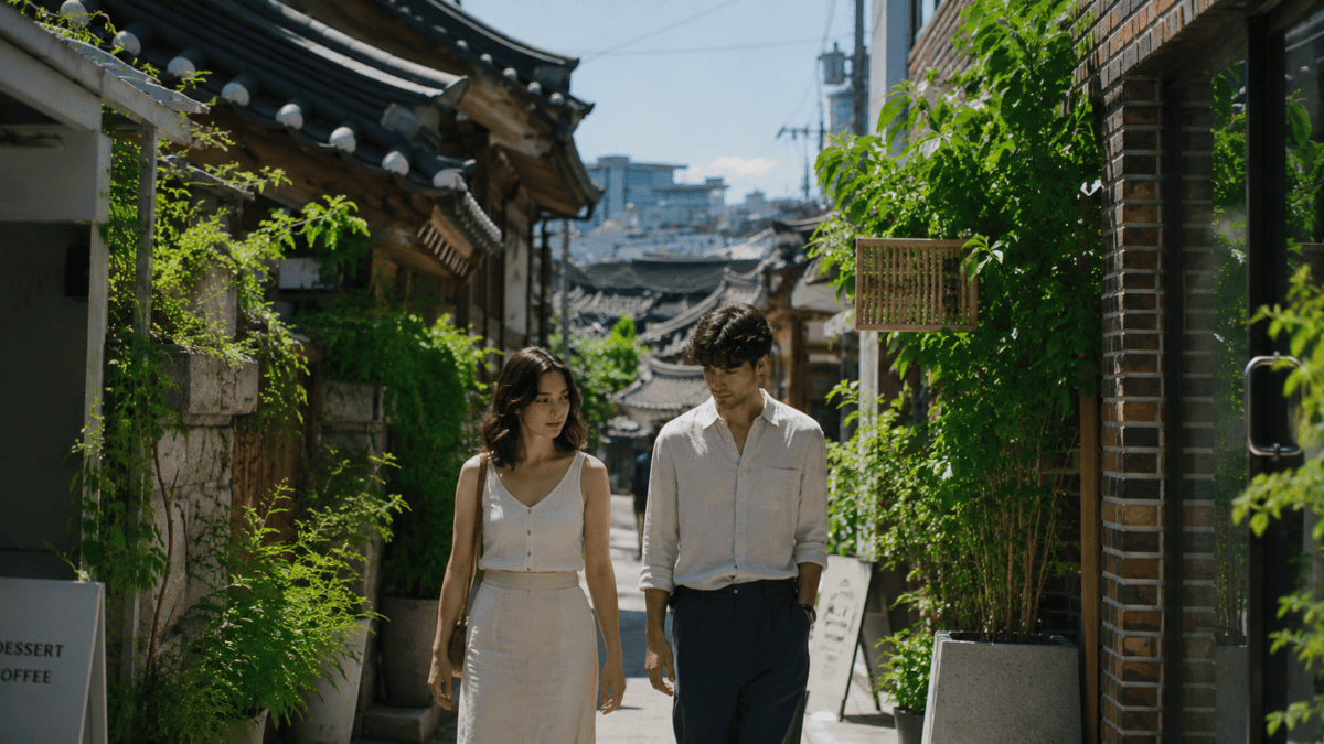 Couple walks side by side through an Ikseon-dong alley, close but not quite together — early signs of a situationship.