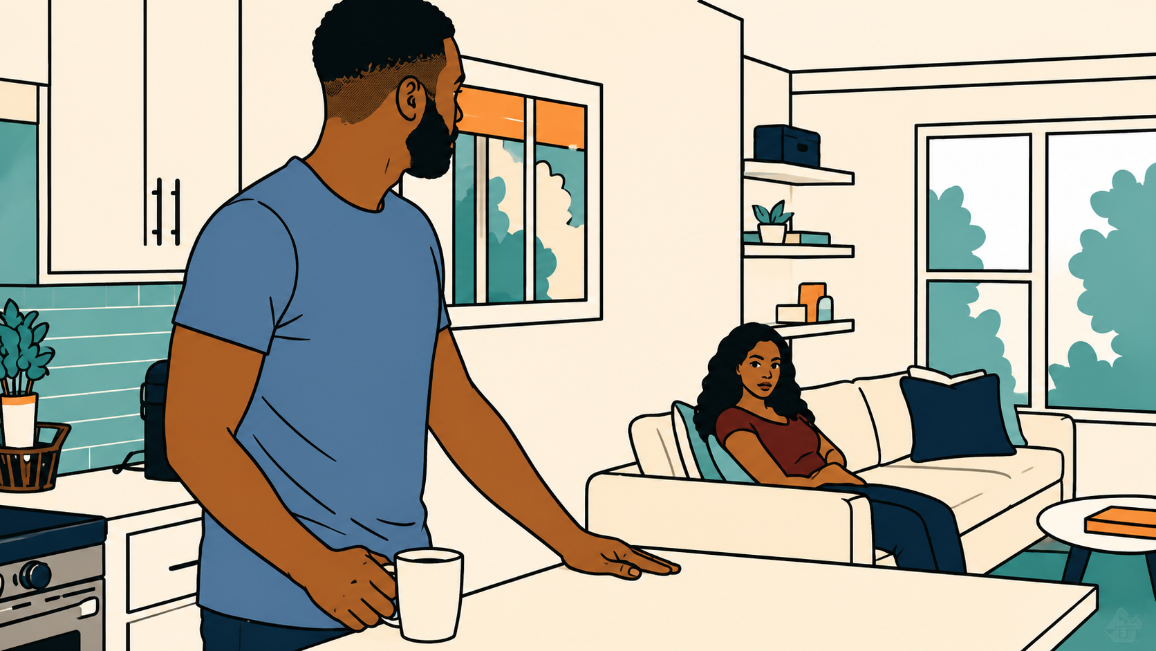 Illustration of a man placing coffee at the counter's edge, not the usual spot — the silent treatment turns morning cold.