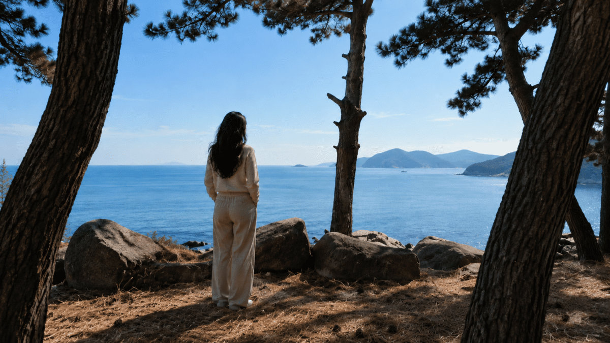 A South Asian woman standing alone between pine trees, trusting your own memory again as the open sea finally comes into view.