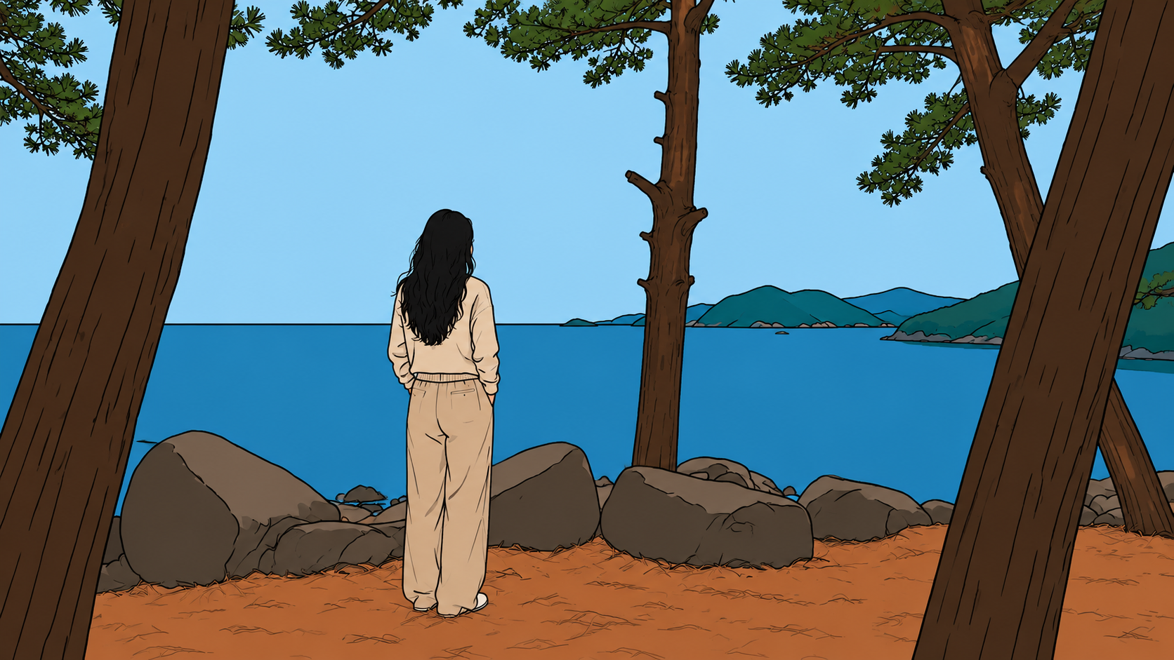 A minhwa-style illustration of a South Asian woman standing alone by the sea, trusting your own memory again as the horizon opens up between the pines.