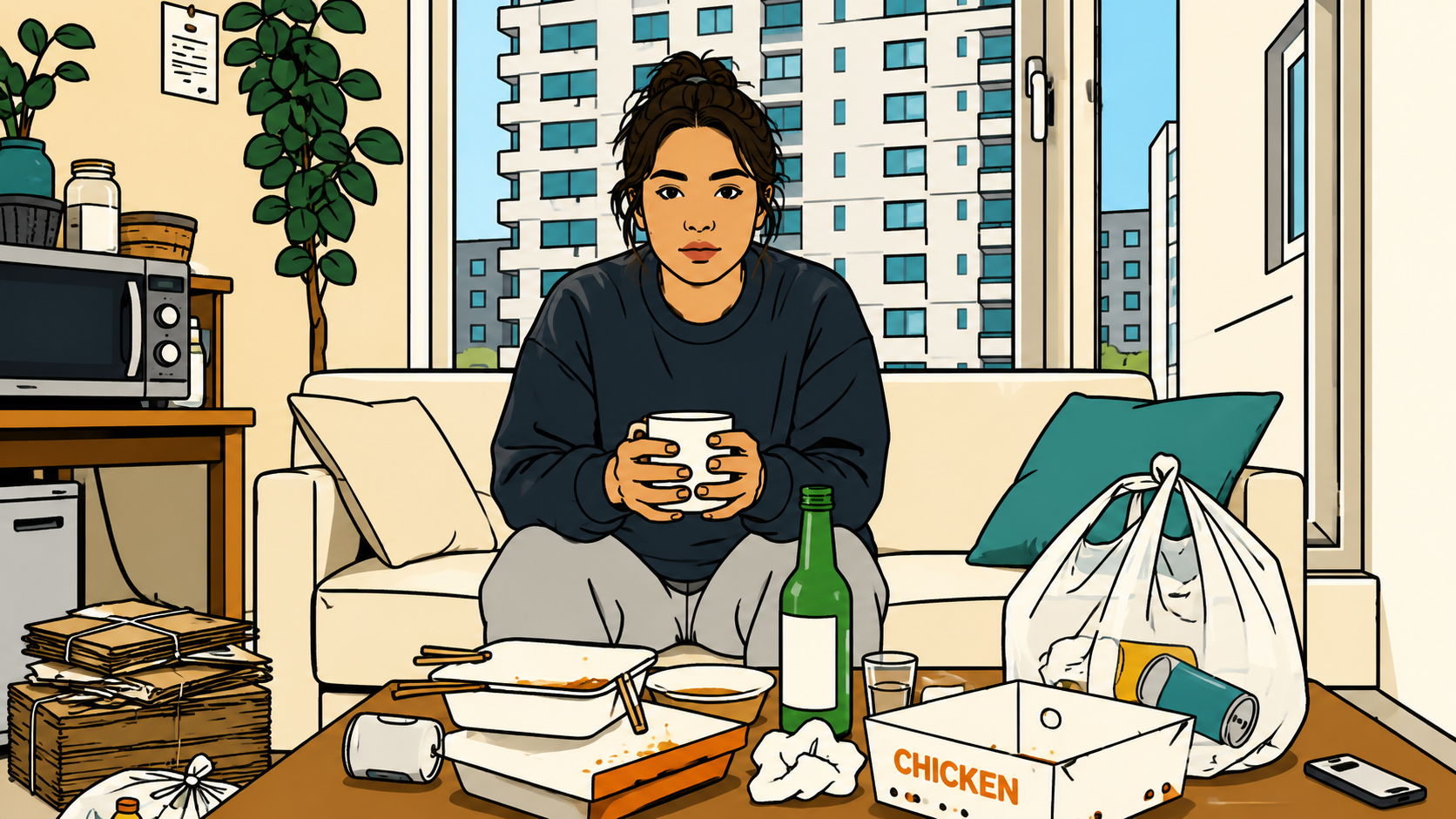 Illustration of a woman with coffee Monday morning amid delivery boxes — what is self destructive behavior on schedule.