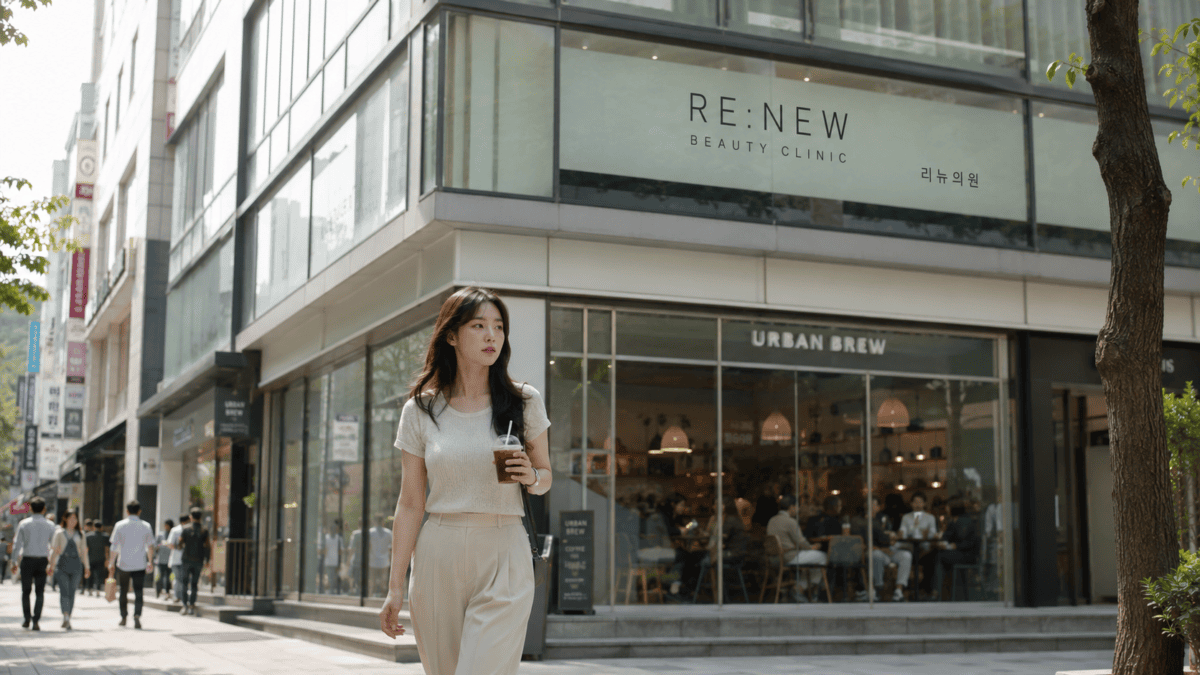 Woman walks past a Gangnam building where clinic and café share a corner — Seoul's beauty culture at street level.