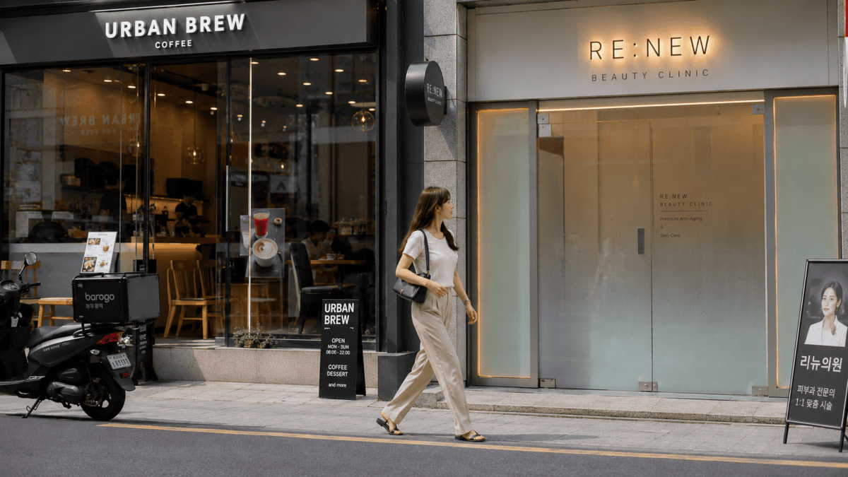 Café and clinic sit side by side on a Seoul street, showing how beauty culture blends into everyday life.