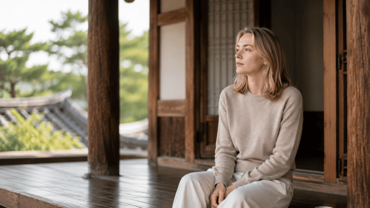 Woman sits on a hanok porch, setting work aside to take stock — the career break that comes before the next move.