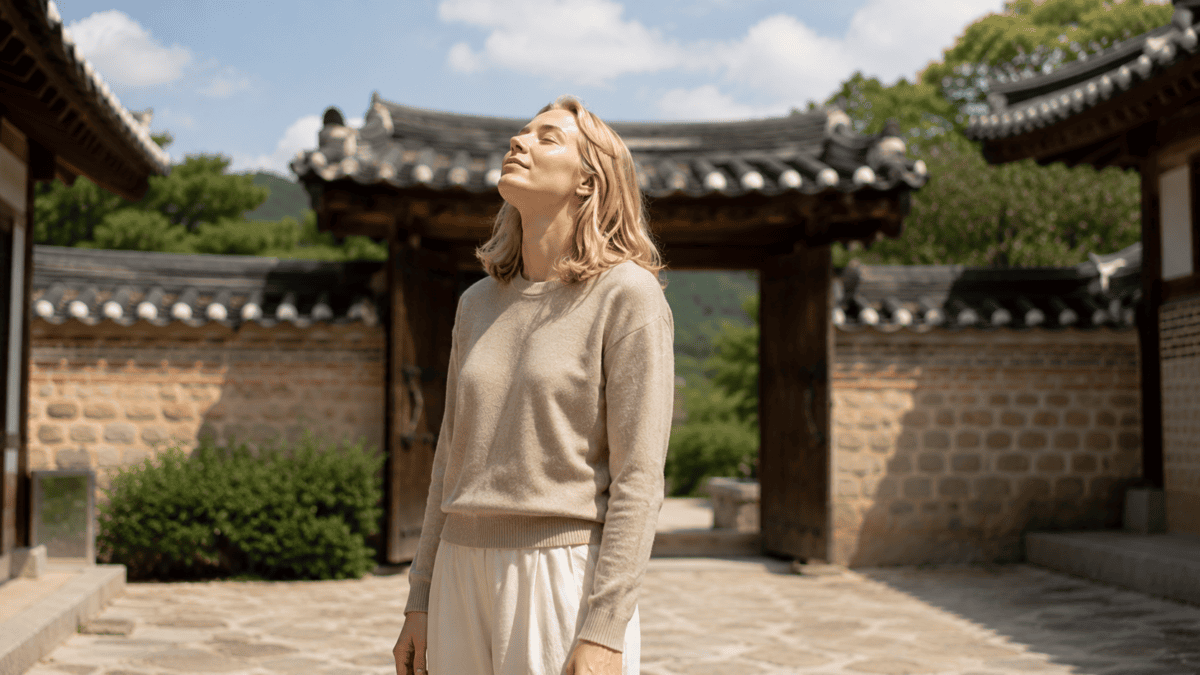 Woman in a hanok courtyard tilts her face to the open sky, releasing tension — the relief a career break brings.