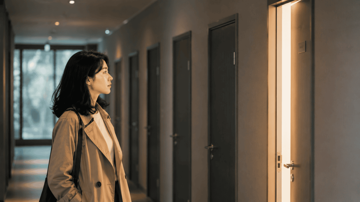 Woman in a hallway of closed doors with one left ajar, light spilling out — the career change no one lists.