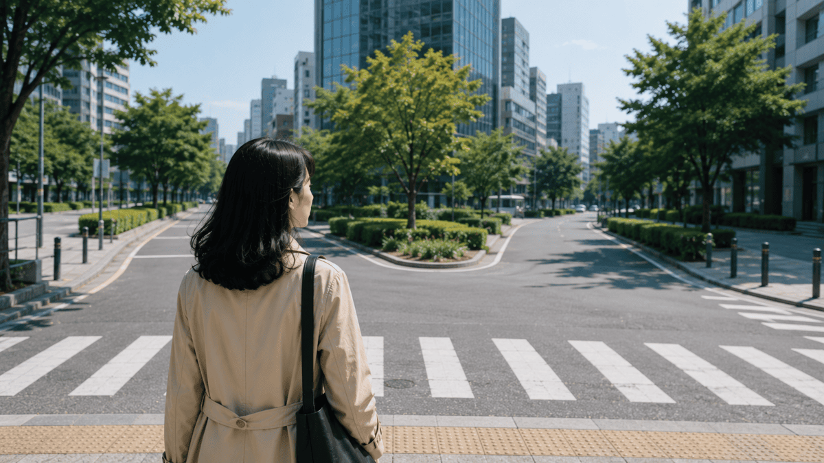 Woman stands before a path that splits in two, looking down one direction — the career change you think you're choosing.