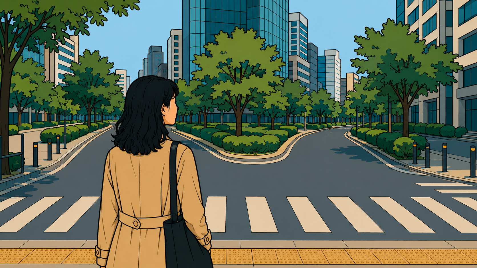 Illustration of a woman before a path splitting in two, facing a career change she thinks she's choosing.