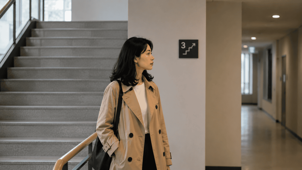 Woman at a landing where stairs climb up and a corridor leads sideways — the career change that isn't only up.