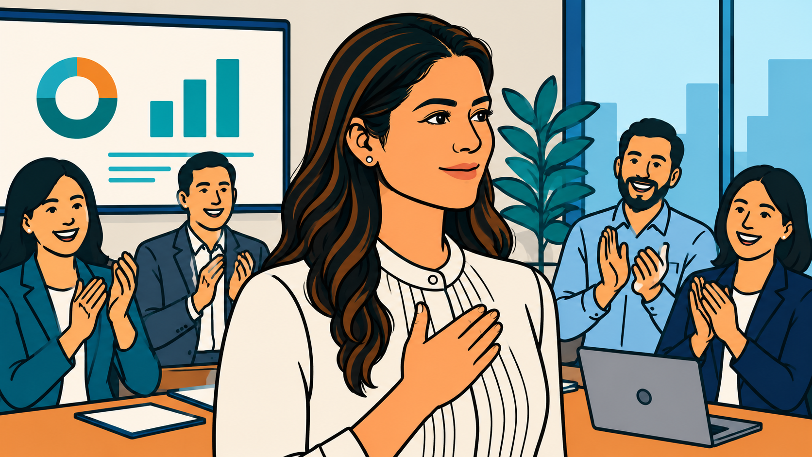 Illustration of a woman taking in applause after presenting, relief and tension mixed — the start of conditional love.
