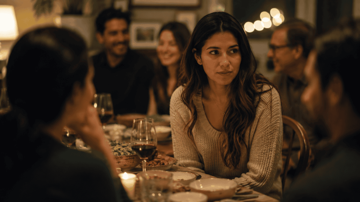 Woman sits among friends at dinner but a step outside it, still working to belong — conditional love lingering.