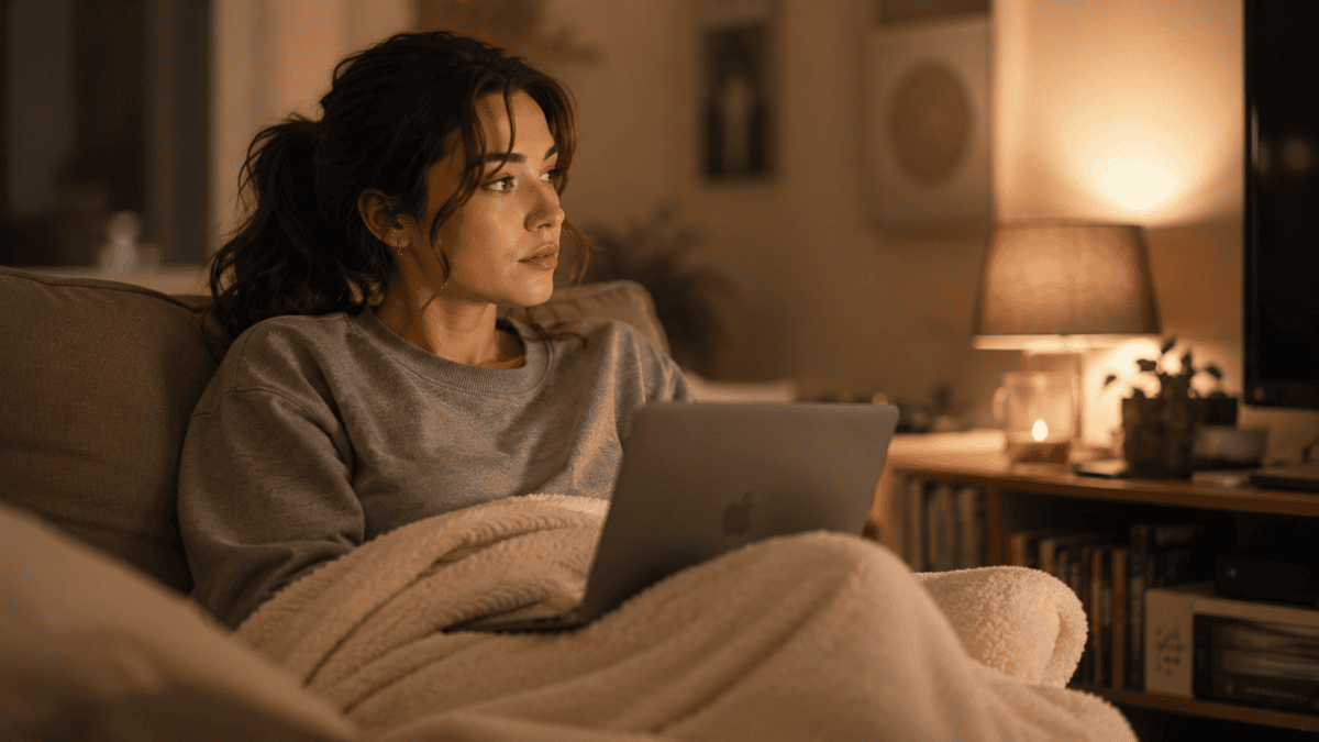 Woman under a blanket with a laptop stares past the screen — feeling guilty for resting keeps her half there.
