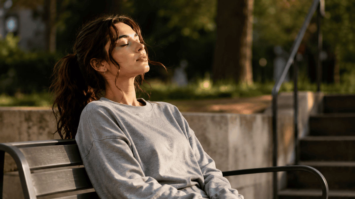 Woman on a park bench leans back with eyes closed and exhales — the moment feeling guilty for resting lets go.