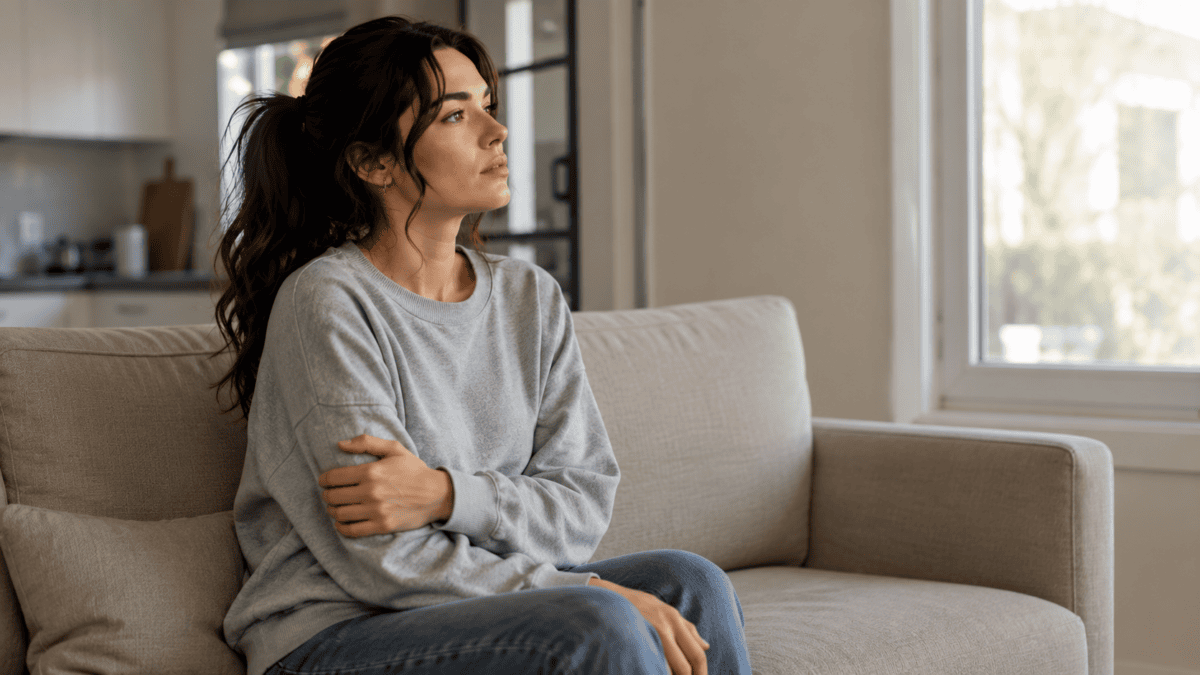 Woman sits on the couch holding one arm, unable to lean back — feeling guilty for resting on a day off.
