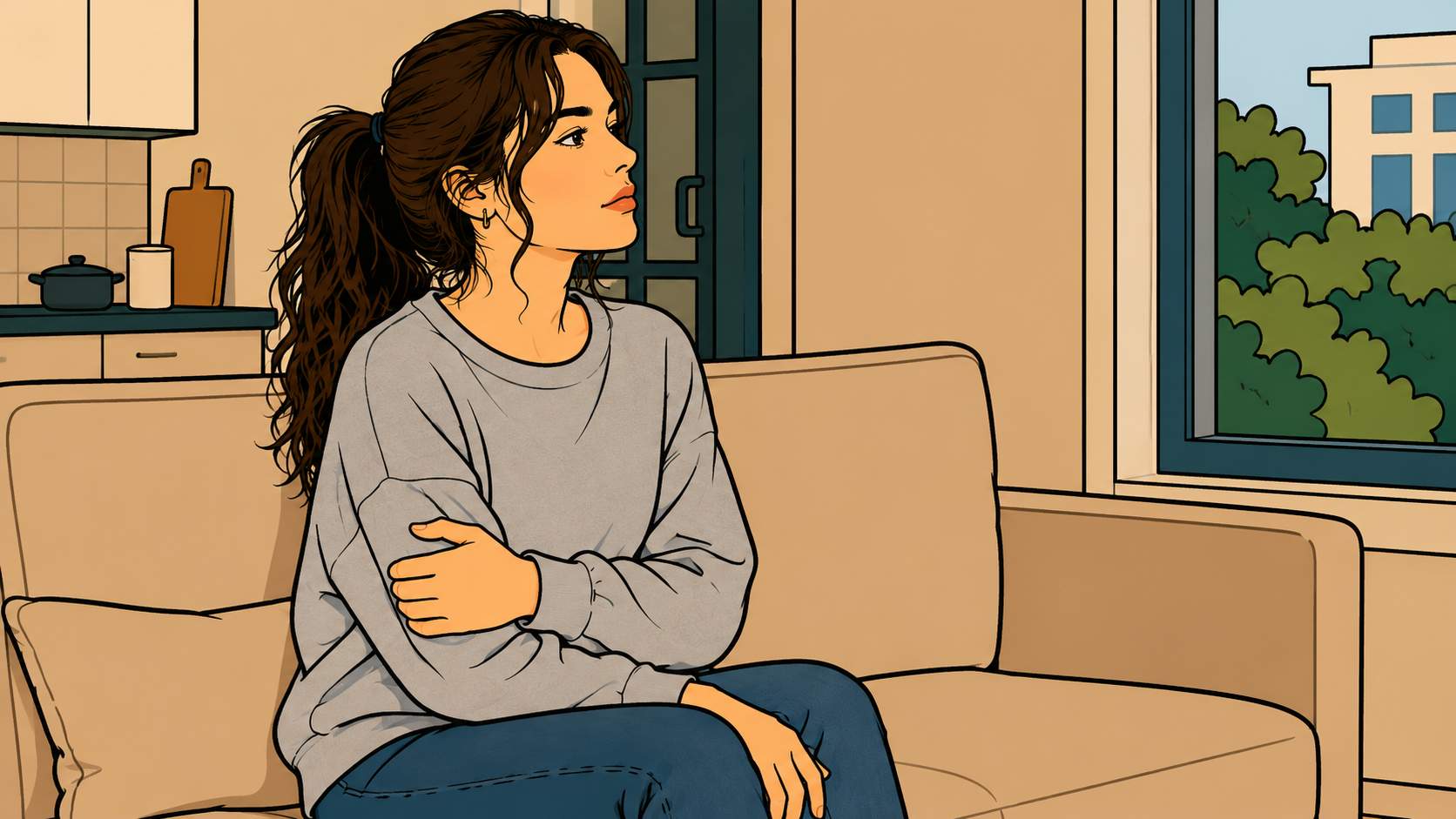 Illustration of a woman on a couch holding one arm, unable to lean back, feeling guilty for resting on a day off.