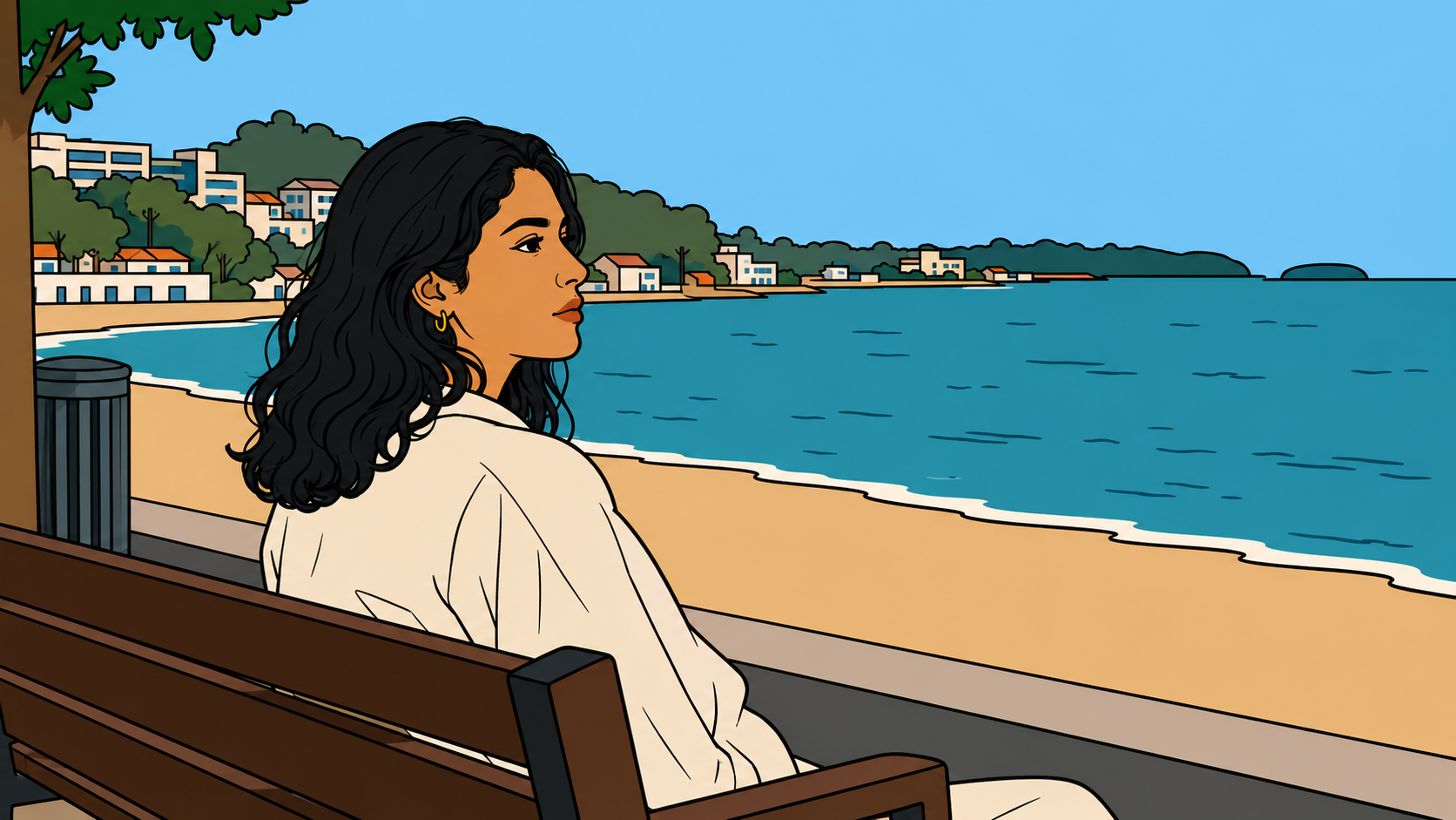 Illustration of a woman on a beach bench unable to relax, showing how to recover from burnout when rest fails.