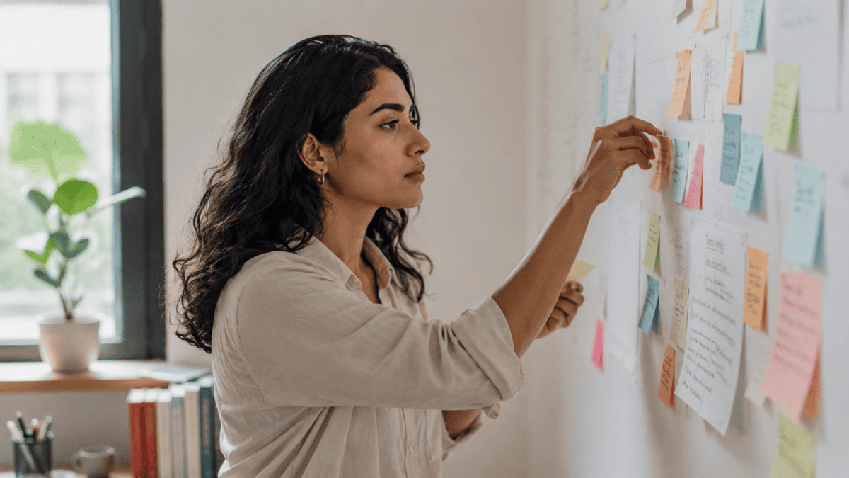 Woman rearranging notes on a board, changing the structure — how to recover from burnout is restructuring.