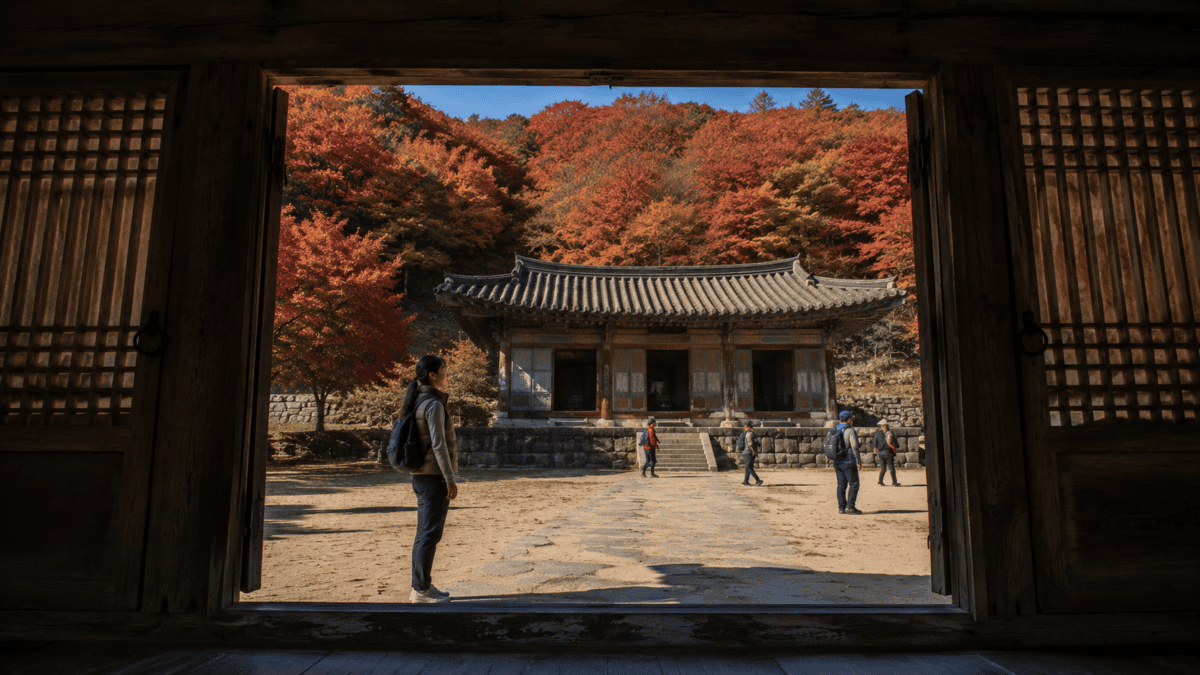 Temple courtyard seen from inside a shrine hall doorway, a single hall below steep ridges covered in red and orange leaves.